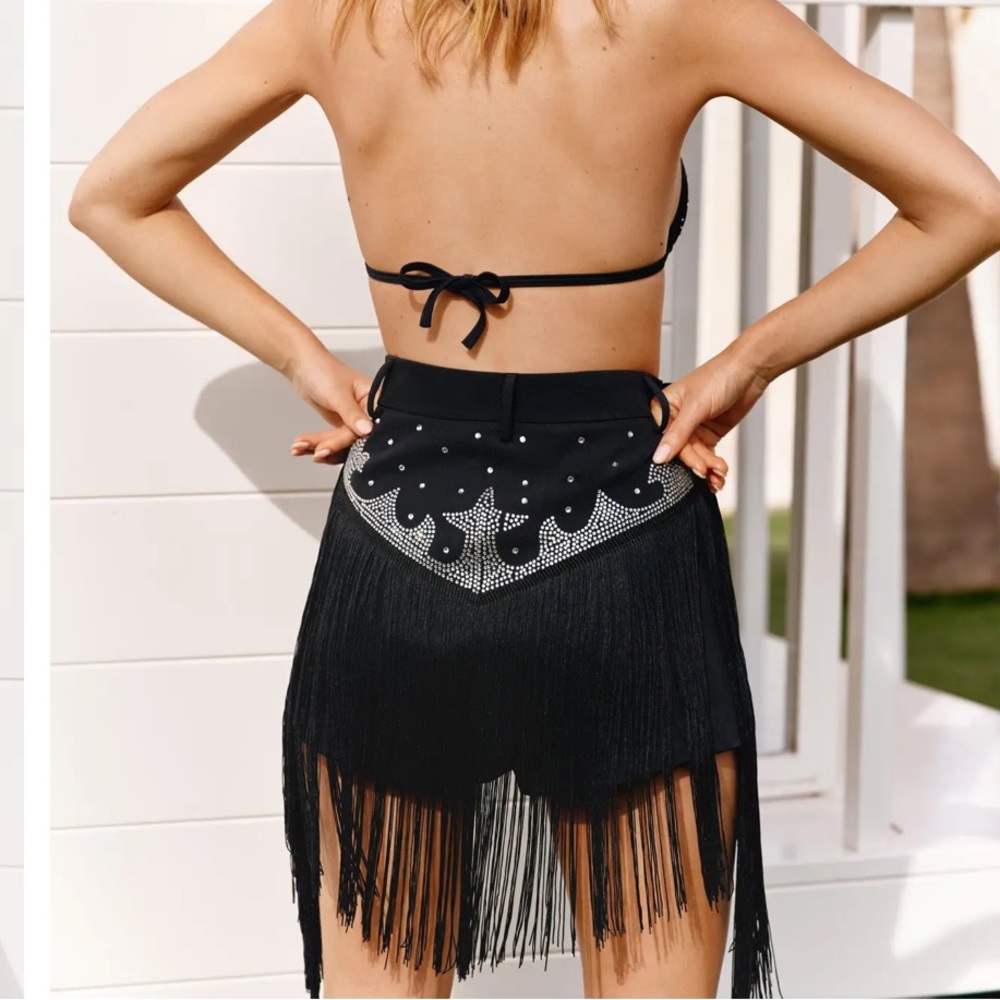 Black Premium Diamante Embellished Fringe Western Shorts